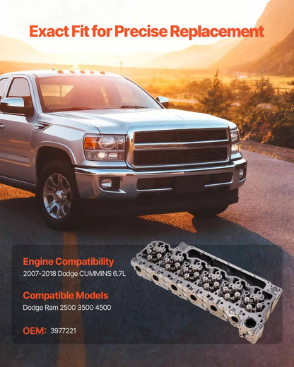 Cylinder Head Assembly, 6.7L Replacement for 2007-2018 Dodge Cummins 6.7L, Compatible with Dodge Ram 2500 3500 4500 Models, Complete Engine Cylinder Head Assembly Replaces 3977221, Cast Iron
