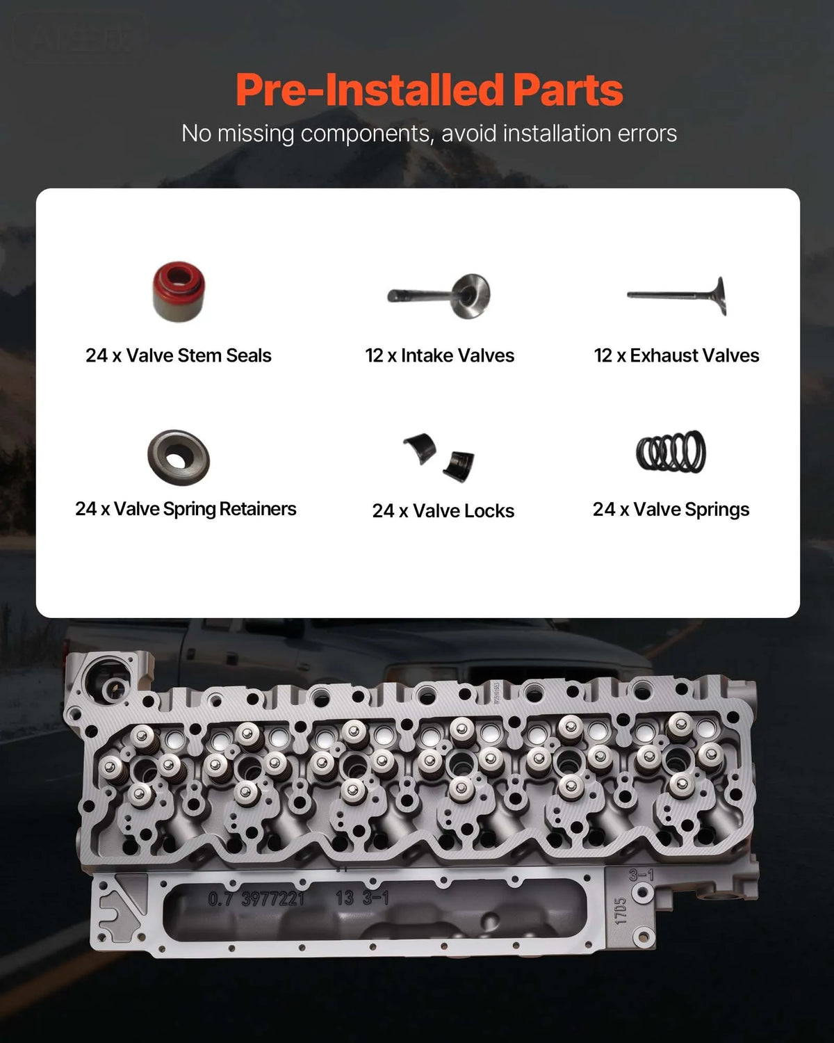 Cylinder Head Assembly, 6.7L Replacement for 2007-2018 Dodge Cummins 6.7L, Compatible with Dodge Ram 2500 3500 4500 Models, Complete Engine Cylinder Head Assembly Replaces 3977221, Cast Iron
