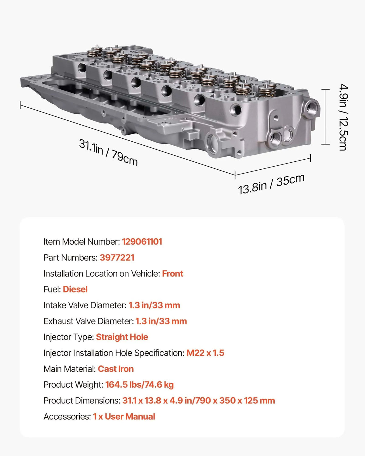 Cylinder Head Assembly, 6.7L Replacement for 2007-2018 Dodge Cummins 6.7L, Compatible with Dodge Ram 2500 3500 4500 Models, Complete Engine Cylinder Head Assembly Replaces 3977221, Cast Iron
