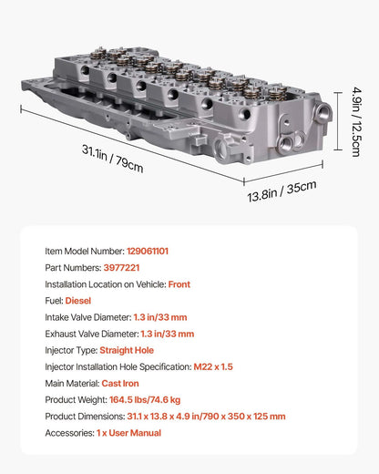 Cylinder Head Assembly, 6.7L Replacement for 2007-2018 Dodge Cummins 6.7L, Compatible with Dodge Ram 2500 3500 4500 Models, Complete Engine Cylinder Head Assembly Replaces 3977221, Cast Iron