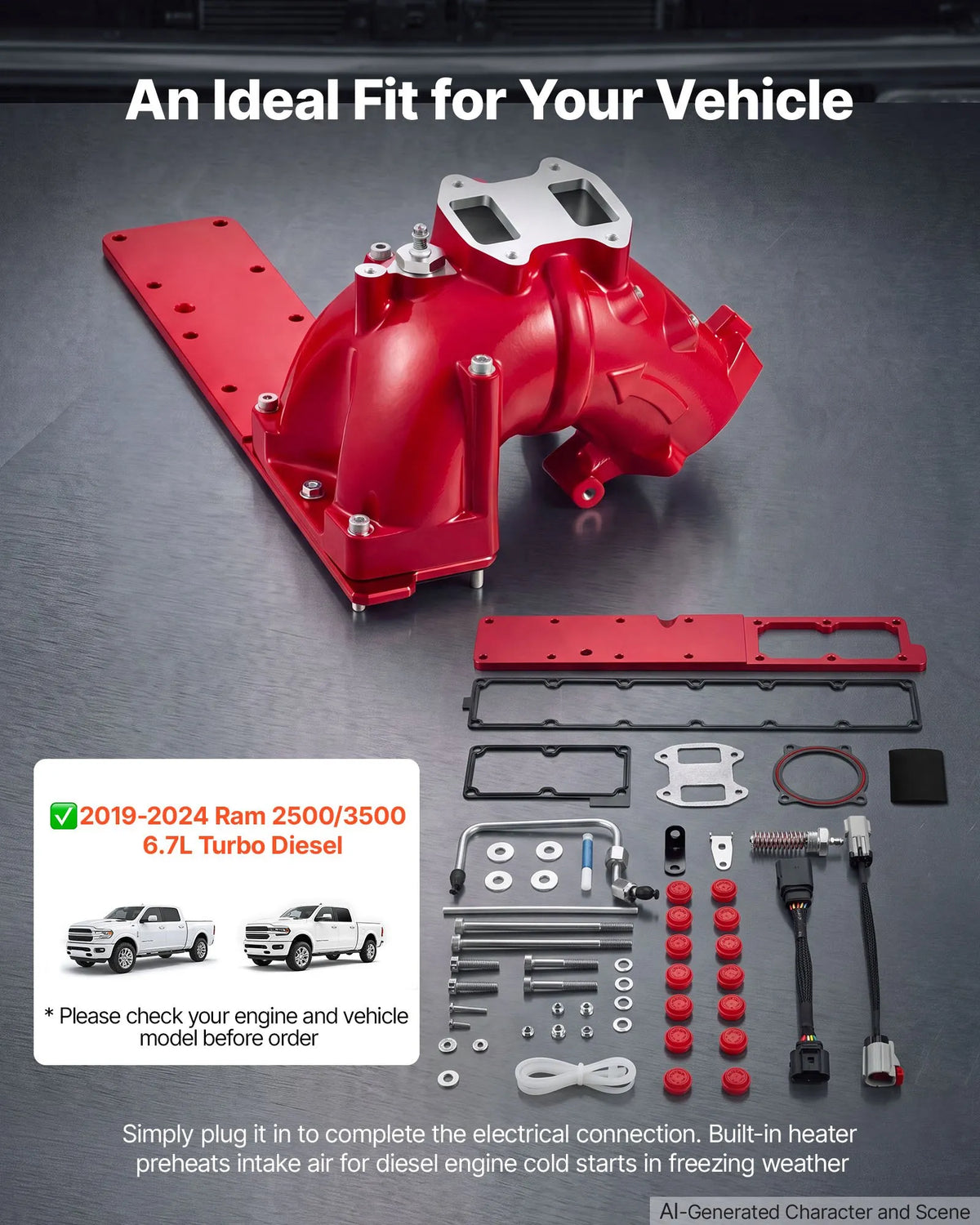 Intake Manifold Compatible with 2019-2024 Ram 2500/3500 OEM KMS2019R, Aluminum Alloy, Plug & Play Electrical Connections, Complete Hardware for Improved Intake Airflow & Engine Performance