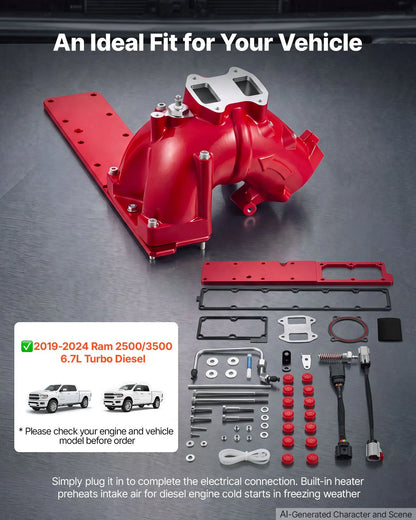 Intake Manifold Compatible with 2019-2024 Ram 2500/3500 OEM KMS2019R, Aluminum Alloy, Plug & Play Electrical Connections, Complete Hardware for Improved Intake Airflow & Engine Performance